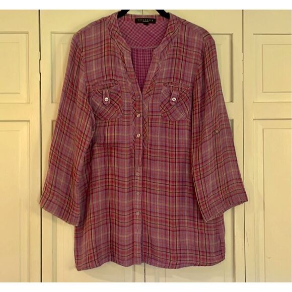 Sanctuary purple plaid cotton popover blouse size small - Picture 2 of 11